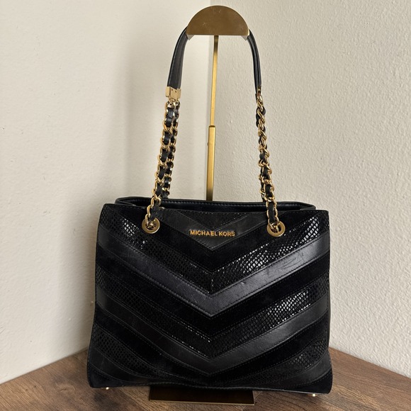 Michael Kors Handbags - Michael Kors Susannah Chevron Black Tote Bag Patchwork Snakeskin‎ Embossed